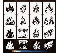 FINGERINSPIRE 12PCS Flame Painting Stencil with Paint Brush 10x10cm Reusable Fire Pattern Drawing Template Decorative Flame Silhouette Stencil Daily Theme Template for Painting on Fabric Clothes