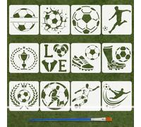 FINGERINSPIRE 12Pcs Football Stencils with Brush 15x15cm 12 Styles Plastic Soccer Player Stencil Sports Theme Painting Stencil Soccer Shoes Template Laurel Leaves Stencils for Painting on Wood