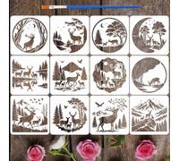 FINGERINSPIRE 12PCS Forest Scenery Pattern Painting Stencils with Paint Brush 20x20cm Mountains Deer Template Moon Star Tree Bird Stencil DIY Animal Theme Template for Wall Floor Decoration