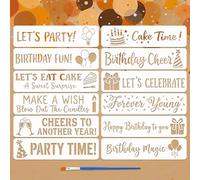 FINGERINSPIRE 12Pcs Happy Birthday Stencils with a Brush 75x300mm Greeting Painting Stencils Cake Time Stencil PET Text Themes PET Template for Wood Floor Tile Wall Fabric Furniture Scrapbook DIY