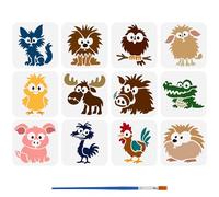 FINGERINSPIRE 12Pcs Interesting Cartoon Animal Patterns Painting Stencil with Brush, 15x15cm Reusable Reindeer/Cats/Lions/Crocodiles/Birds Stencils for DIY Crafts & Home Decor