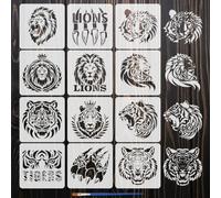 FINGERINSPIRE 12PCS Lion and Tiger Stencils for Painting with Brush 15x15cm Reusable Lion Tiger Head Template Hollowed Animal Paws Stencil Plastic Animal Theme Template for Wall Floor Decoration