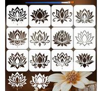 FINGERINSPIRE 12PCS Lotu Painting Stencils 15x15cm with a Brush Lotus Flower Stencil Set Floral Drawing Templates Reusable Water Lily Stencil for Wall Wood Floor Yoga Meditation Home Decor DIY Art