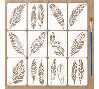 FINGERINSPIRE 12pcs Mandala Feather Stencils with Paint Brush 14.8x10.5cm Bird Feathers Stencils Boho Feather Stencil Fantasy Theme Template for Painting on Wood Wall Furniture DIY Home Decoration