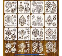 FINGERINSPIRE 12Pcs Mandala Pattern Stencils with a Brush, 20x20cm 12 Styles Floral Design Craft Stencil Mandala Floral Stencils Reusable Plastic Stencil for Painting on Wood, Floor, Wall, Fabric