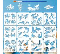 FINGERINSPIRE 12PCS Marine Organisms Stencils with Paint Brush 20x20cm 12 Styles Marine Creatures Patterns Stencils Ocean Life Template for Painting on Wood Wall Fabric Furniture DIY Home Decoration