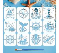 FINGERINSPIRE 12PCS Ocean and Navigation Patterns Stencils with Paint Brush 15x15cm Sailing Stencils Compass Anchor Stencil Nautical Theme Patterns Stencil for Painting on Wood Wall Furniture