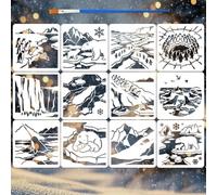 FINGERINSPIRE 12PCS Polar Animals Painting Stencils with Paint Brush 15x15cm Penguin Polar Bear Seal Template Mountains Snowflake Bird Stencil DIY Animal Theme Template for Wall Floor Decoration
