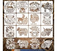 FINGERINSPIRE 12PCS Rustic Country Style Painting Stencils with Paint Brush 15x15cm Reusable Farmhouse Animals Template PET Words Pattern Stencil DIY Animal Theme Template for Wall Floor Decor
