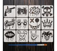 FINGERINSPIRE 12PCS Street Graffiti Stencils with a Brush 13x13cm Graffiti Lettering Painting Stencils Crown Skull Drawing Template for DIY Art Wood Wall Furniture Home Decoration