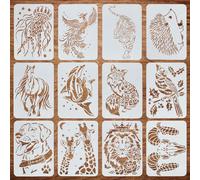 FINGERINSPIRE 12Pcs Wild Animal Painting Stencil 21x29.7cm Animal Theme | Fox,Tiger,Peacock,Whale,Horse,Lion,Jellyfish,Dog,Bird,Hedgehog,Giraffe,Animal Theme,Large Painting Stencil,Home Decor