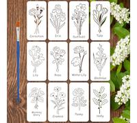 FINGERINSPIRE 12PCS Wild Flowers Painting Stencil with Plastic Brush 3.9x7.9inch Birth Month Flower Template PET Birthday Flowers Stencil Plant Theme Template for Painting on Wood Floor Furniture