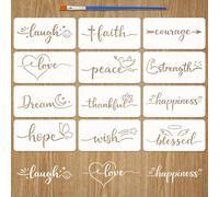 FINGERINSPIRE 12PCS Words Pattern Painting Stencils with 1Pc Plastic Brush 20x10cm Faith Words Stencils Love Hearts Stencil Laugh Word Stencil Plastic Text Tempplate for Painting on Wood Wall