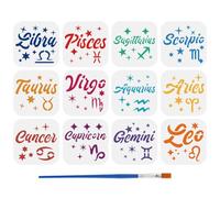 FINGERINSPIRE 12PCS Zodiac Words Stencils with 1Pc Plastic Brush 10x10cm Zodiac Signs Constellation Text Drawing Stencil Decoration Fantasy Theme Stencils for Painting on Wood Canvas Wall Furniture