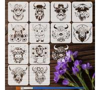 FINGERINSPIRE 12Styles Farm Highland Cow Stencils with a Brush 20x20cm Cow Farmhouse Pattern Painting Stencils PET Animal Themes Template for Painting on Wood Wall Fabric Furniture Home Decoration