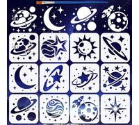 FINGERINSPIRE 12Styles Planets Pattern Stencils with a Brush 15x15cm Moon Stars Painting Stencils PET Solar System Stencil Science Fiction Themes Template for Painting on Wood Wall Fabric Furniture