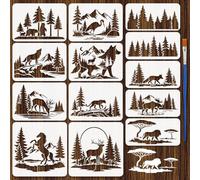 FINGERINSPIRE 13Pcs Animals Mountains and Forests Painting Stencil with Paintbrush 3 Size Reusable Forest Deer Bear Drawing Stencil Templates Forest Wildlife Stencils for Crafts Wall Fabrics DIY Decor