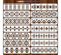 FINGERINSPIRE 14Pcs Aztec Decorative Border Stencils with a Brush 300x75mm 14 Styles Aztec Patterned Border Painting Stencils PET Rhombus Themes Template for Painting on Wood Floor Wall Tile Fabric