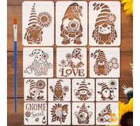 FINGERINSPIRE 14PCS Gnomes Stencils With Paint Brush 3 Sizes Gnomes With Sunflowers Pattern Stencils Gnome Sweet Stencil Gnome Theme Plastic Template for Painting on Wood Wall Furniture DIY Home Decor