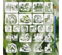 FINGERINSPIRE 14PCS Horse Pattern Painting Stencils with Paint Brush 4 Sizes Reusable Mountains Trees Drawing Template DIY Sun Clouds Flowers Stencil Animal Theme Template for Clothes Decoration