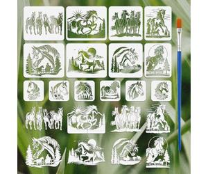 FINGERINSPIRE 14PCS Horse Pattern Painting Stencils with Paint Brush 4 Sizes Reusable Mountains Trees Drawing Template DIY Sun Clouds Flowers Stencil Animal Theme Template for Clothes Decoration