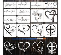 FINGERINSPIRE 14Pcs Religious Theme Stencils with a Brush 2Sizes Cross Painting Stencils Reusable PET Heart Home Stencil Religious Word Decoration Template for Painting on Wood Wall Floor Furniture