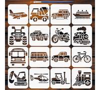 FINGERINSPIRE 16 Styles Means of Transportation Pattern Stencils with a Brush 15x15cm Cars Planes Ships Silhouette Painting Stencils Trains Motorcycles PET Template for Wood Floor Tile Wall Fabric