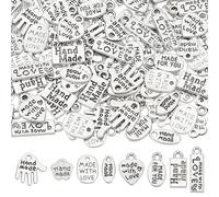 FINGERINSPIRE 160Pcs 8 Styles Tibetan Style Alloy Word Message Charms Pendants, Palm/Heart/Oval/Rectangle/Flower Shapes Handmade Charms Pendants Jewelry Making Accessories for DIY Necklaces Bracelets