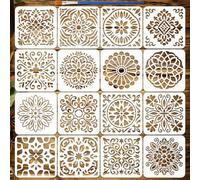 FINGERINSPIRE 16PCS Mandala Tiles Painting Stencil 20x20cm with a Brush Mandala Stencils Set Reusable PET Drawing Template for Walls Wood Floors Furniture DIY Crafts Home Decor