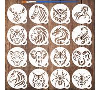 FINGERINSPIRE 16PCS Round Animal Pattern Painting Stencils with Paint Brush 10x10cm Deer Zebra Owl Leopard Template Horse Tiger Lion Dragon Stencil DIY Animal Theme Template for Wall Decoration