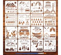 FINGERINSPIRE 16PCS Travel Theme Stencils for Painting with Brush 30x30cm Mountains Trees Compass Temple Template Tent Campfire Airplane Suitcase Stencil Maple Leaf Moon Star Boat Fish Template