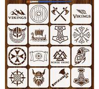 FINGERINSPIRE 16PCS Viking Stencil for Painting 5.9x5.9 Inch Viking Theme Drawing Stencil Celtic Knot Weapons Ship Drawing Template with a Brush for Painting on Wood Fabric Wall Art Craft
