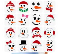FINGERINSPIRE 16Styles Snowman Face Pattern Stencils with a Brush 150x150mm Snowman Expression Painting Stencils Winter Themes Drawing Stencil PET Character Themes Template for Wall Decor