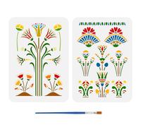 FINGERINSPIRE 2 PCS Art Nouveau Egyptian Flowers Stencil with 1 Pc Plastic Paint Brush (8.3x11.7in) - Egyptian Lotus Flower Stencil for Painting on Wood, Floor, Wall, Furniture