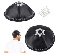 FINGERINSPIRE 2 Pcs Black Polycotton Kippah with 4 Pcs Metal Clips Traditional Round Yarmulke for Men Jewish Head Covering with Embroidered Star Pattern for Family Celebrations and Themed Parties
