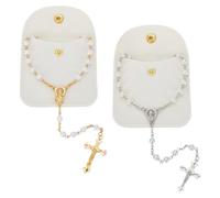 FINGERINSPIRE 2 Style Catholic Rosary Beads with 2PCS Velvet Pouches White Plastic Beads Necklace Alloy Gold/Silver Y-Necklace Set for Women Men Daily Prayer Travel Everyday Wear