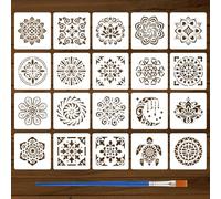 FINGERINSPIRE 20PCS Mandala Stencils with a Brush 10x10cm Mandala Lotus Drawing Templates Moon Floral Painting Stencil Reusable PET Stencil for Painting on Wood Wall Canvas Fabric Art Projects