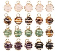 FINGERINSPIRE 20Pcs Natural Gemstone Cage Pendants with Real 18K Gold Plated Copper Wire Wrapped, 12mm Natural Round Healing Mixed Crystal Stone Charms Copper Wire Wrapped for Jewelry Making