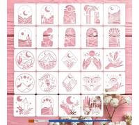 FINGERINSPIRE 24PCS Boho Nature Stencils with 1Pc Brush 15x15cm Bohemian Natural Scenery Stencils Sun Moon Stencil Mountains Stencil Boho Templates for Painting on Wood Wall Furniture DIY Home Decor