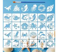 FINGERINSPIRE 24PCS Marine Organisms Painting Stencil with a Brush 15x15cm Ocean Theme Stencils Reusable PET Drawing Templates for DIY Canvas Furniture Home Wall Decor