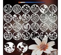 FINGERINSPIRE 24PCS Wildflower Stencils 20cm in Diameter with a Brush Round Flower Stencils for Painting Reusable Nature Theme Templates Floral Stencil for Painting on Wood Wall DIY Home Decor