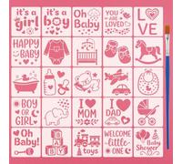 FINGERINSPIRE 25PCS Baby Shower Stencils with A Paint Brush 10x10cm | Baby Shower Themed Stencil,Crowns,Hearts,Lions,Toys,Outfits,Baby Essentials Patterns,Template for Painting on Wood Wall