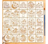 FINGERINSPIRE 25PCS Mushroom Stencils with a Brush 13x13cm Bohemian Style Painting Stencils Various Mushrooms with Moon Flowers Stencil Reusable PET Templates for Wood Wall DIY Craft Decor