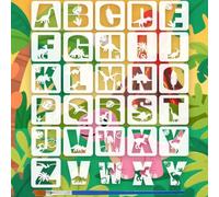 FINGERINSPIRE 26PCS Dinosaur Alphabet Painting Stencil with Paint Brush 20x20cm Dinosaur Silhouette Drawing Template Decorative Leaves Tree Stencil Alphabet Theme Template for Painting on DIY
