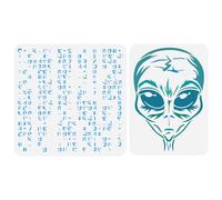 FINGERINSPIRE 2PCS Alien Stencil Set Reusable Alien Head & Alien Code Template for Painting on Wall, Wood, Canvas, Fabric Sci-Fi Theme DIY Art Stencils