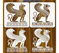 FINGERINSPIRE 2PCS Ancient Greek Griffin Painting Stencils with Paint Brush 30x30cm Plastic Wave Border Templates Reusable Griffin Pattern Stencils Animal Theme Template for Wall Decoration