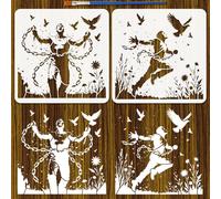 FINGERINSPIRE 2PCS Break Free from The Shackles Stencils with Brush 30x30cm Natural Scenes Painting Stencils Characters Theme Drawing Template for Painting on Wood Wall Furniture DIY Home Decoration