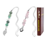 FINGERINSPIRE 2Pcs Crystal Bead Chain Book Marks with Green Aventurine & Rose Quartz, Antique Silver & Platinum Alloy Bookmark Pendant Hook Bookmarks Reading Accessories for Teacher Reading Lover