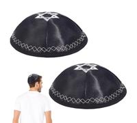 FINGERINSPIRE 2PCS Jewish Hat 16.8cm Black Polyester Star of David Pattern Kippah Traditional Round Yarmulke for Men Jewish Head Covering with Silver Decorative Trim for Daily Wear
