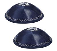 FINGERINSPIRE 2PCS Jewish Hat 16.8cm Blue Polyester Star of David Pattern Kippah Traditional Round Yarmulke for Men Jewish Head Covering with Silver Decorative Trim for Daily Wear